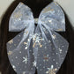 White snowflake hair bow with sparkles