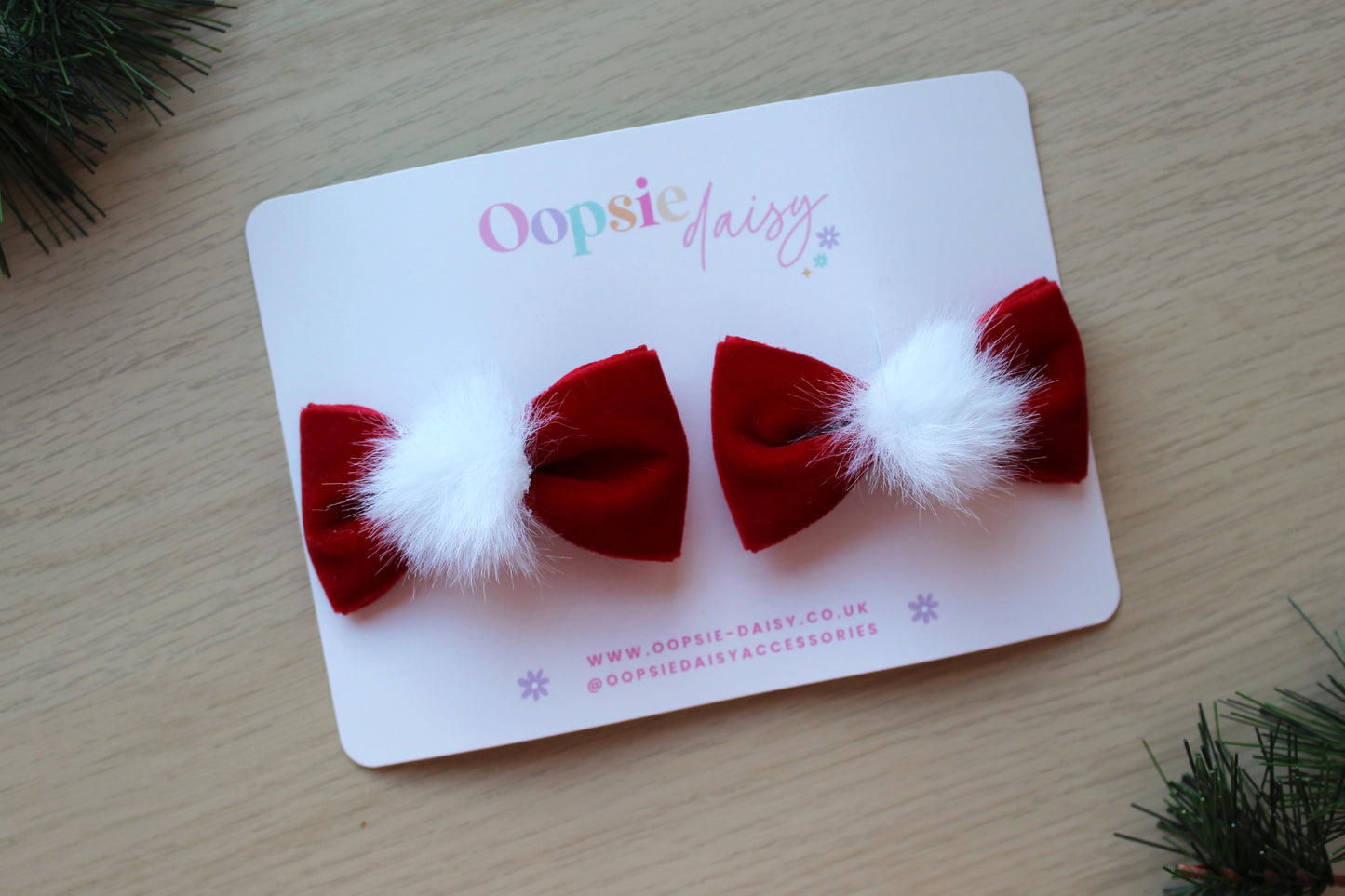 Red velvet mini hair bows with white pom pom 
