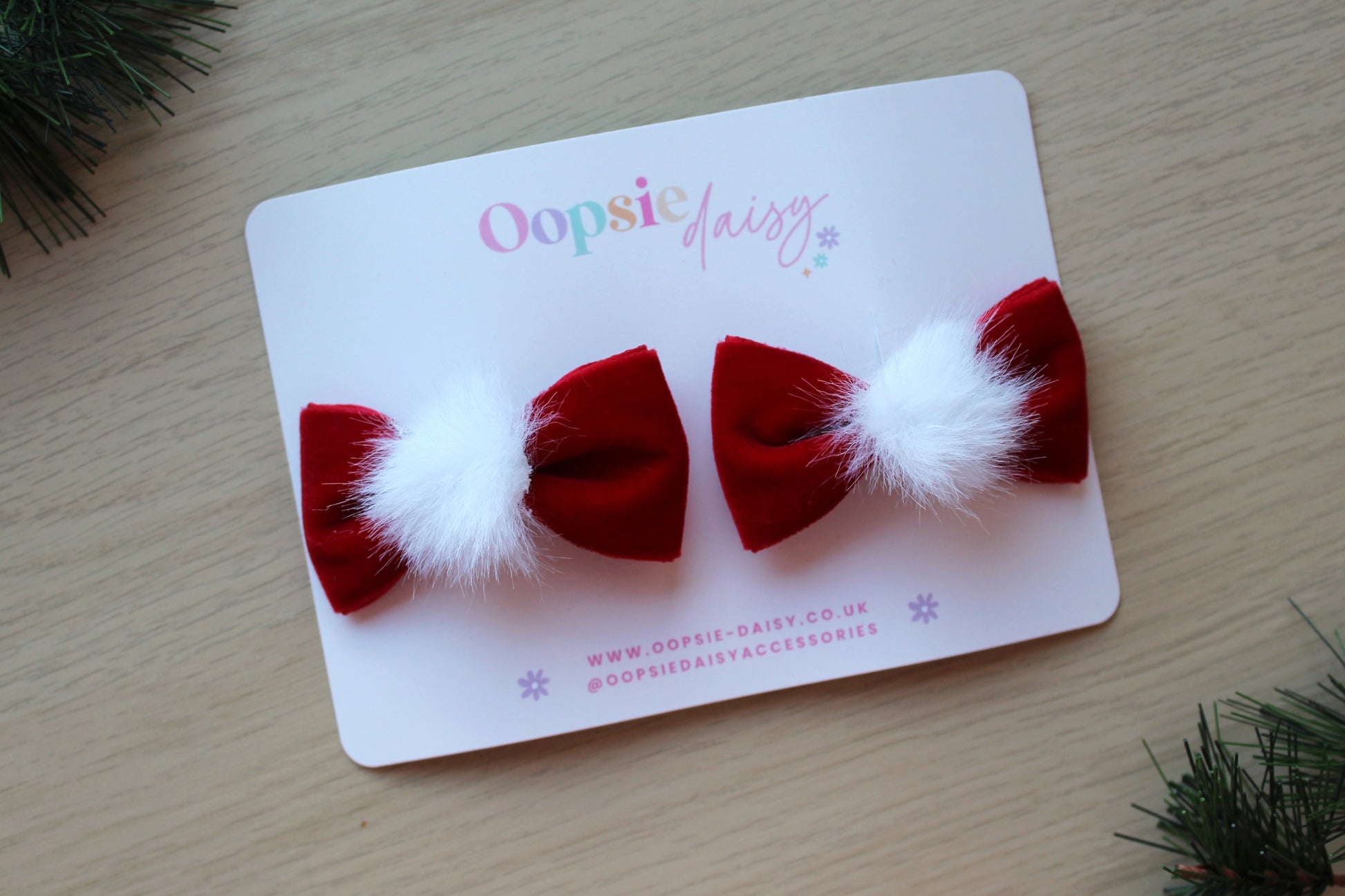 Red velvet mini hair bows with white pom pom 