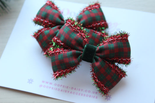 Red and green tartan hair clips with tinsel