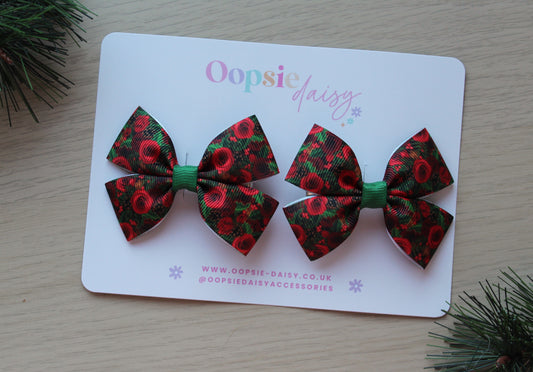 Festive rose green and red hair bows