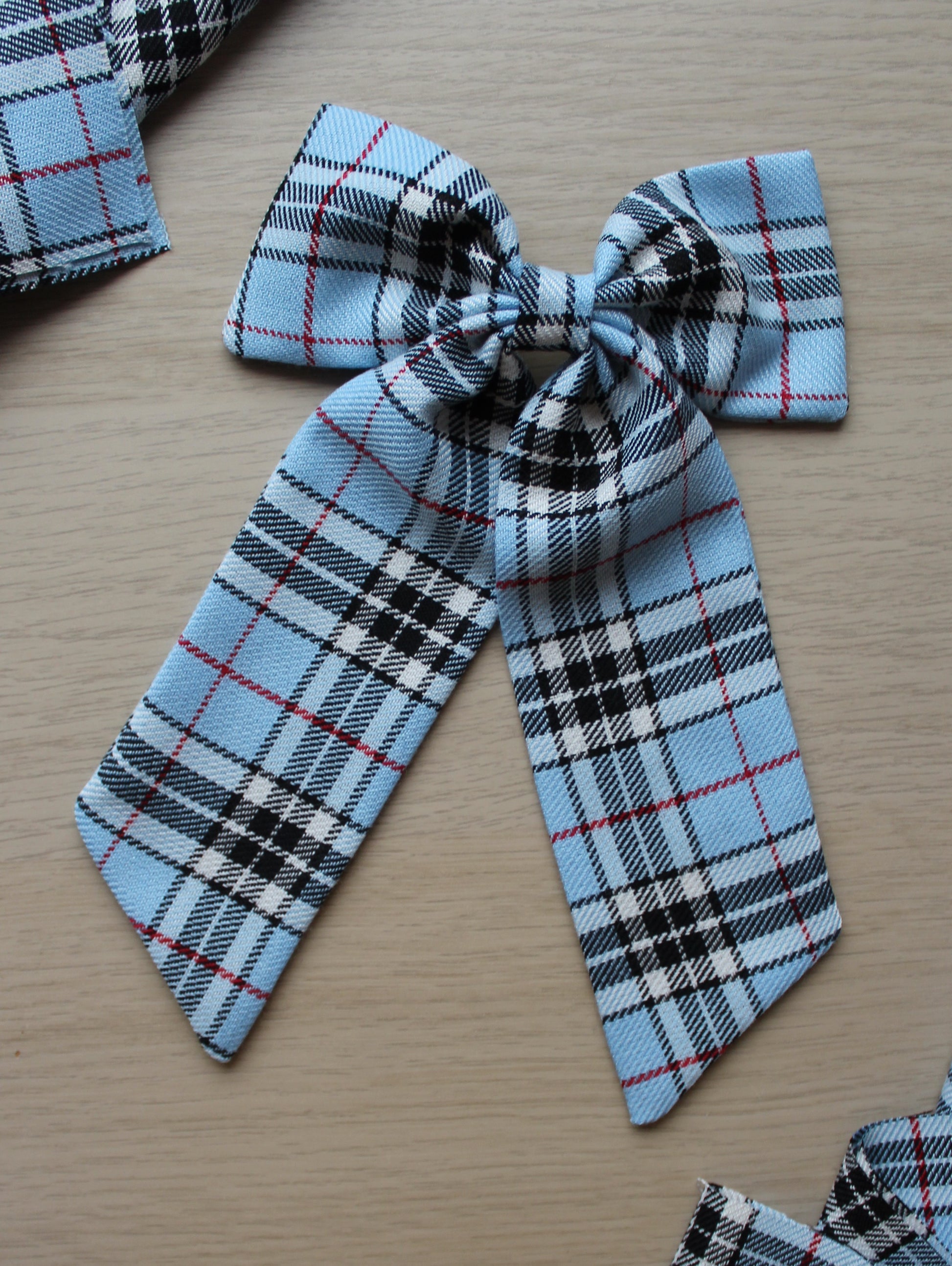 Blue & black long plaid tartan hair bow