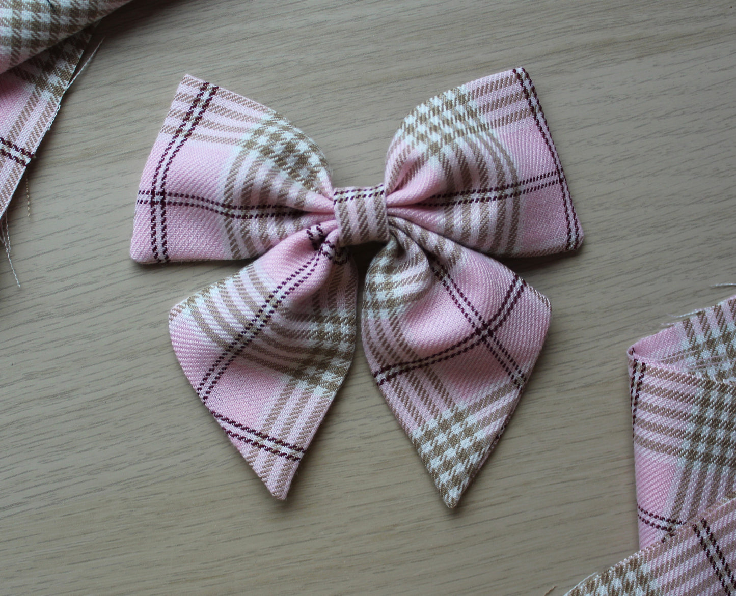 Pink & Beige Tartan Plaid Hair Bow