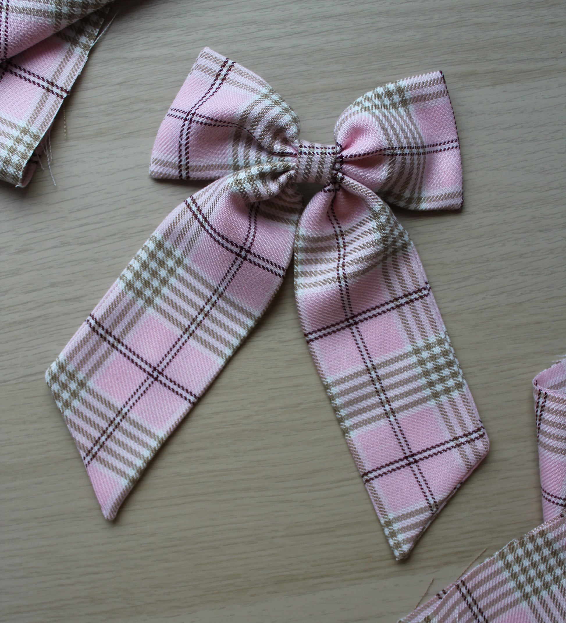 Pink & Beige Tartan Plaid Hair Bow