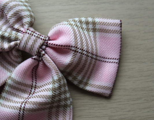 Pink & Beige Tartan Plaid Hair Bow