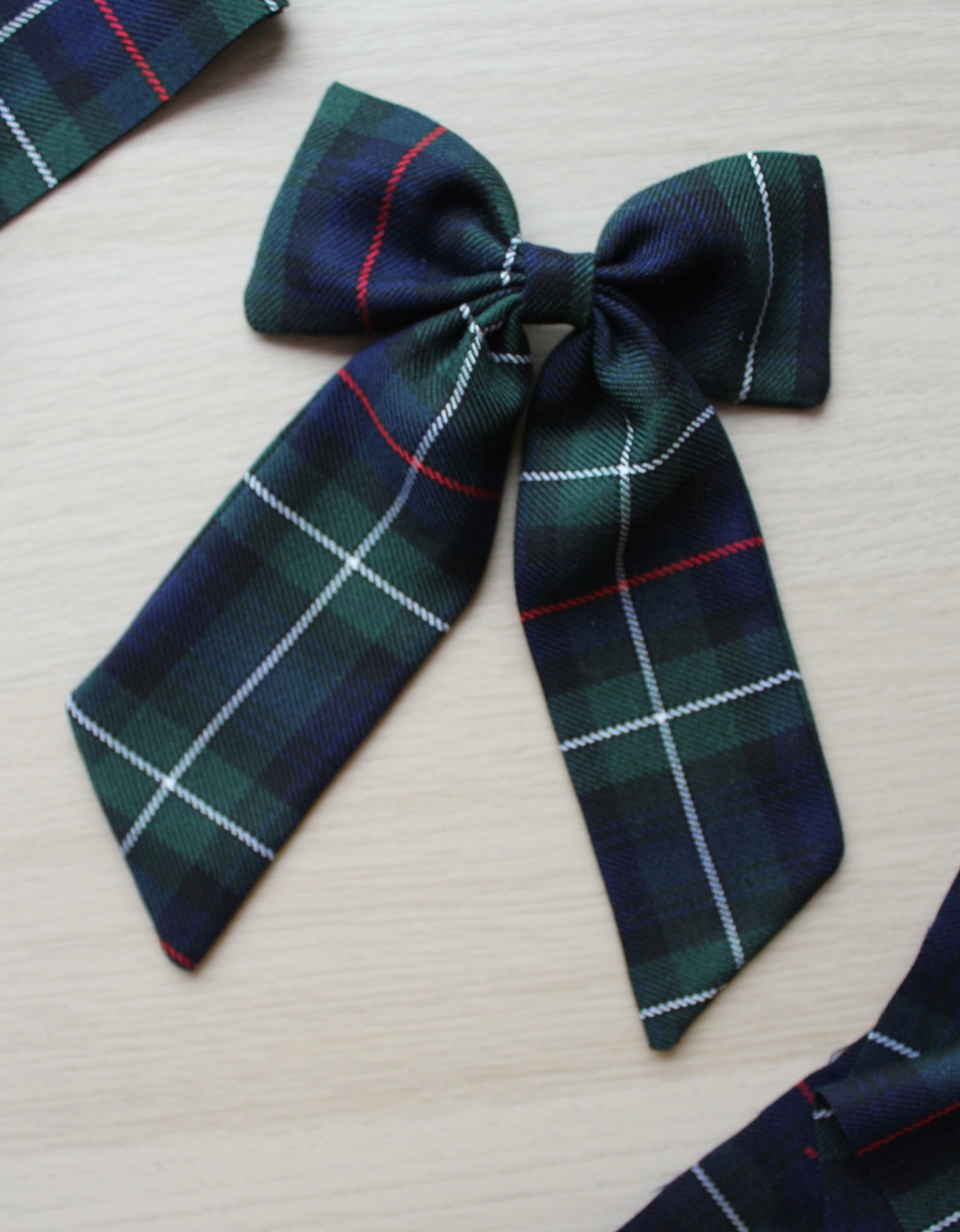 Navy and green long plaid tartan hair bow