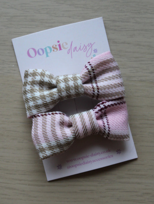 Pink & Beige Plaid Tartan Mini Hair Bows