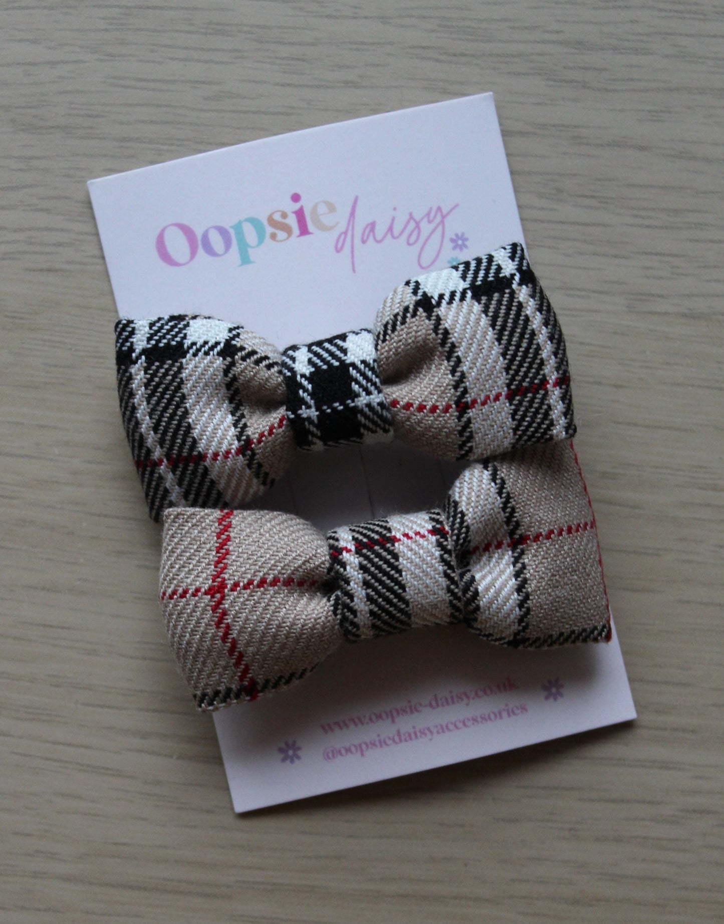 Beige & Black Plaid Tartan Mini Hair Bows
