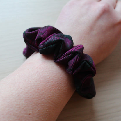 Lindsay tartan pink and green hair scrunchie on wrist
