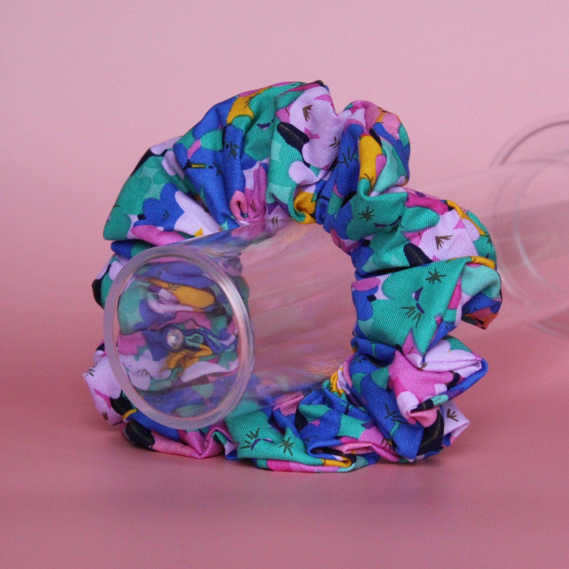 Bold black pink and blue abstract floral scrunchie