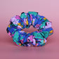 Bold black pink and blue abstract floral scrunchie