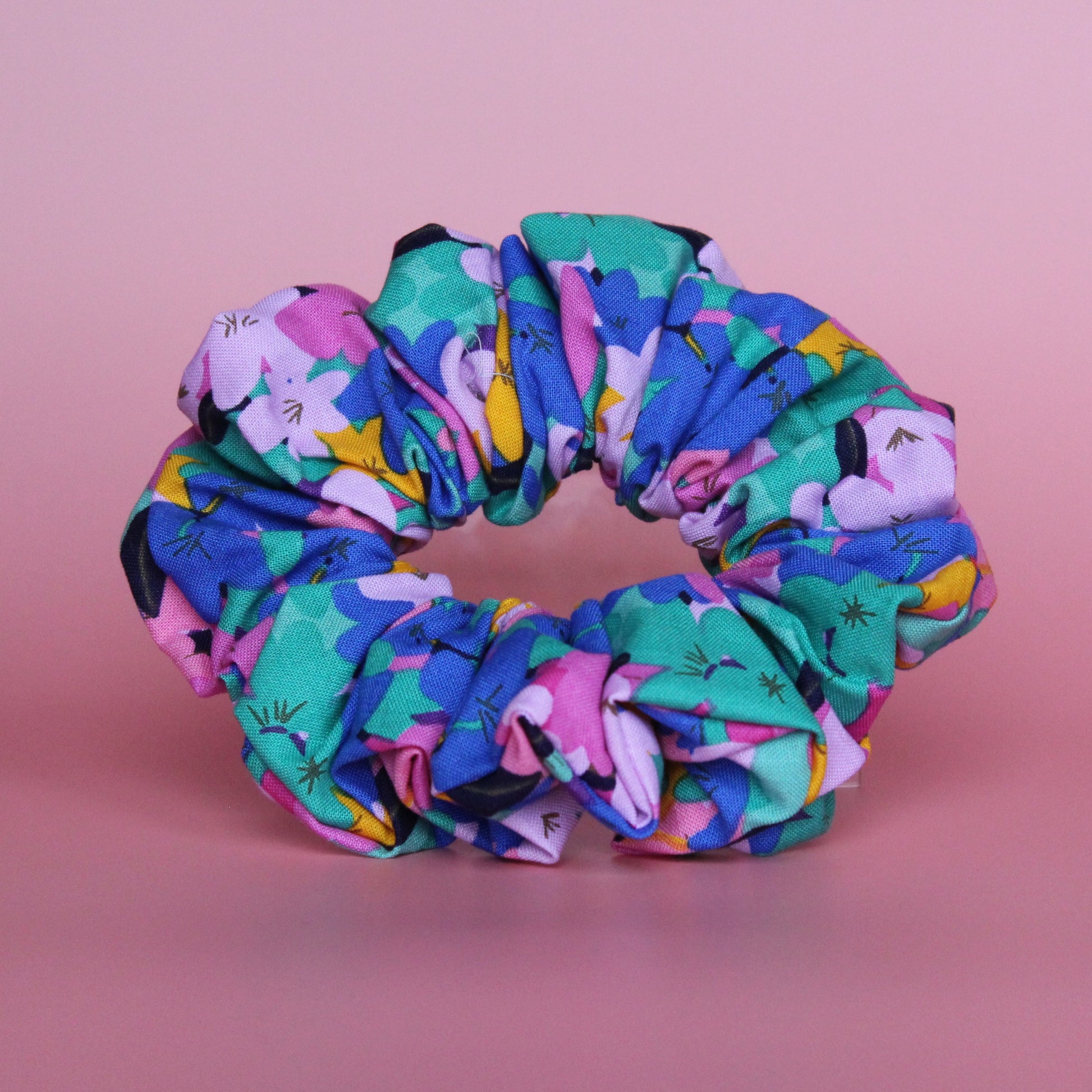 Bold black pink and blue abstract floral scrunchie