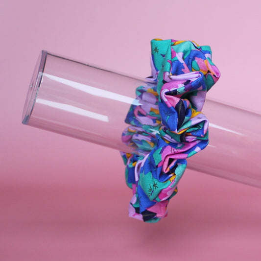 Bold black pink and blue abstract floral scrunchie