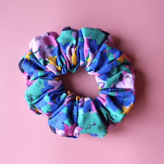 Bold black pink and blue abstract floral scrunchie