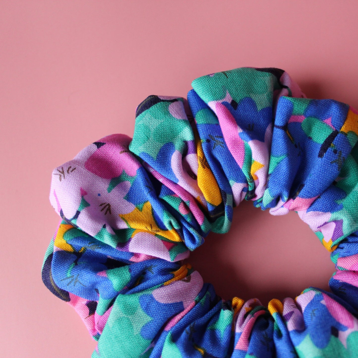 Bold black pink and blue abstract floral scrunchie