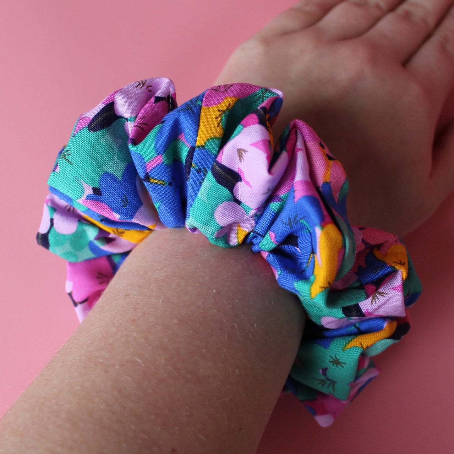 Bold black pink and blue abstract floral scrunchie