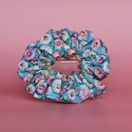 Blue and pink daisy floral patterned oversized hair scrunchie