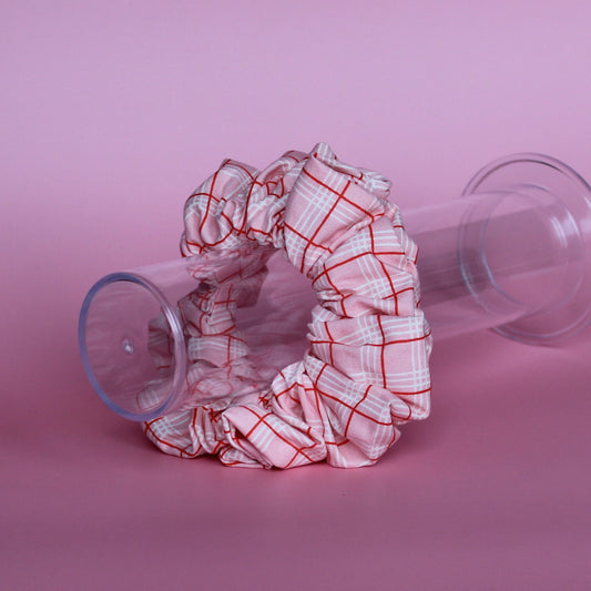 Pink oversized hair scrunchie with red and white check pattern