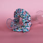 Blue and pink daisy floral patterned oversized hair scrunchie