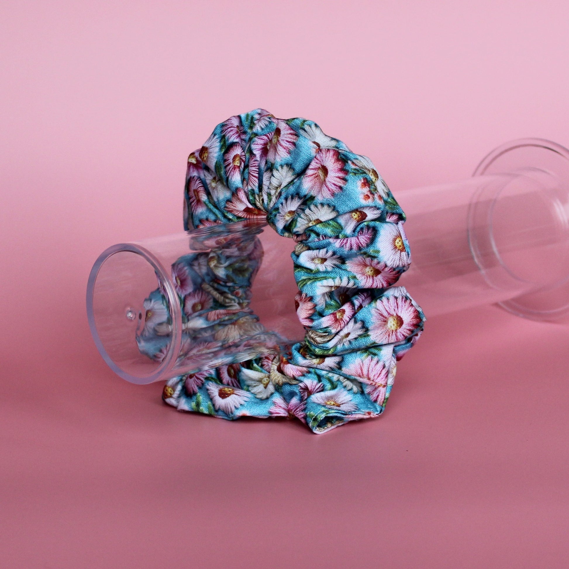Blue and pink daisy floral patterned oversized hair scrunchie