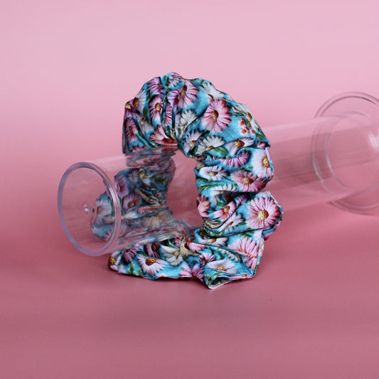 Blue and pink daisy floral patterned oversized hair scrunchie
