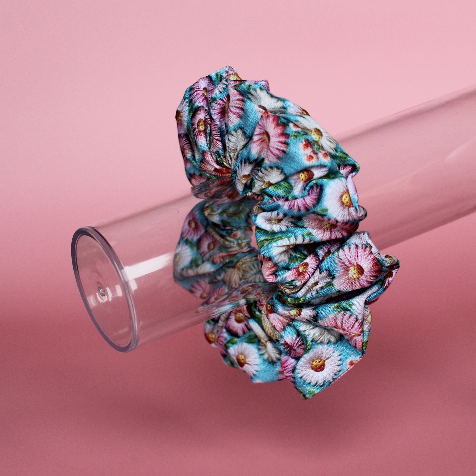Blue and pink daisy floral patterned oversized hair scrunchie
