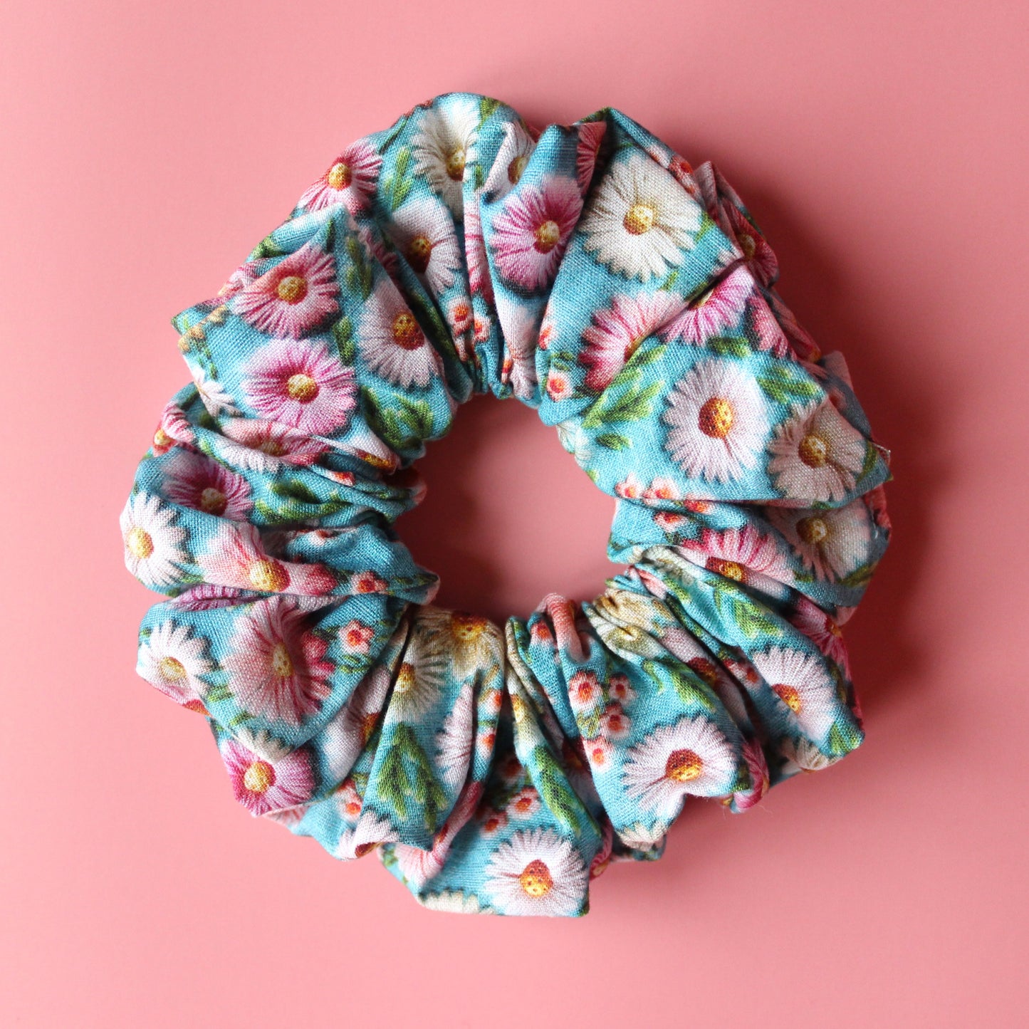 Blue and pink daisy floral patterned oversized hair scrunchie