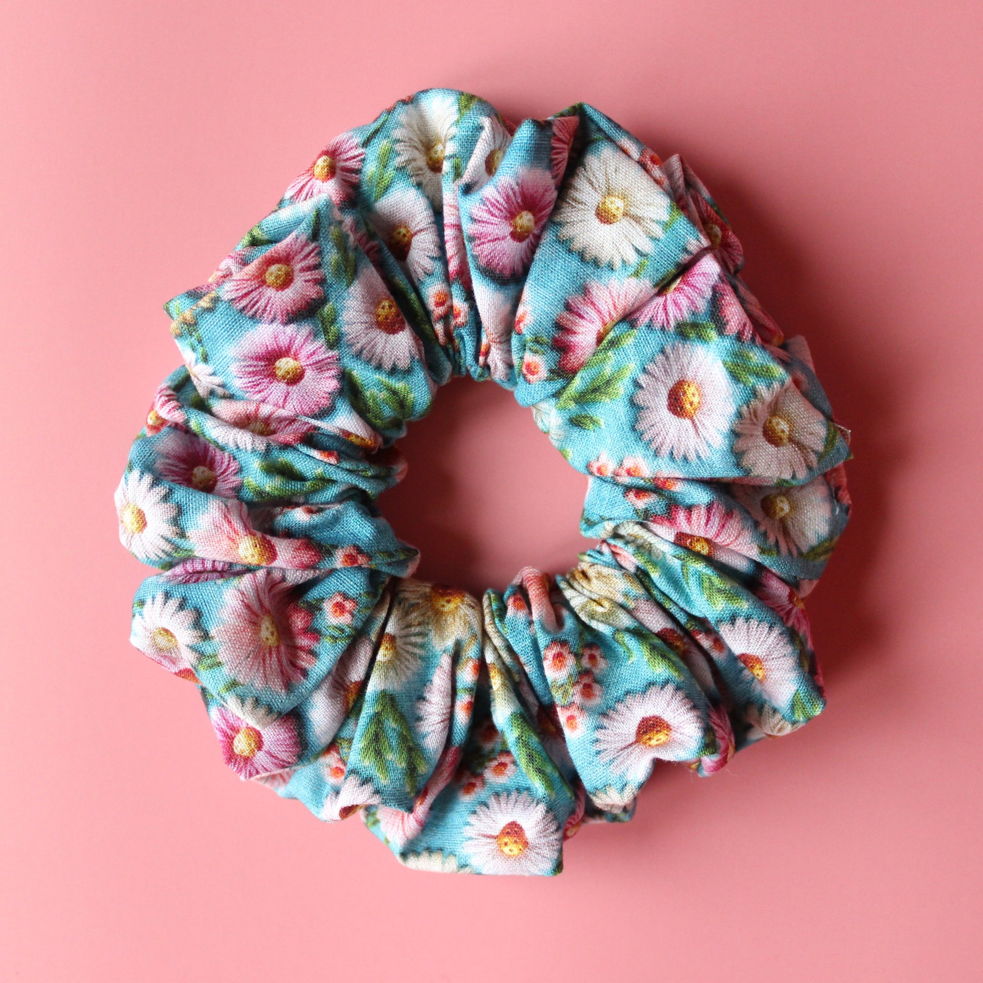 Blue and pink daisy floral patterned oversized hair scrunchie