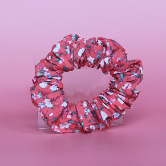 Reddish-pink floral hair scrunchie