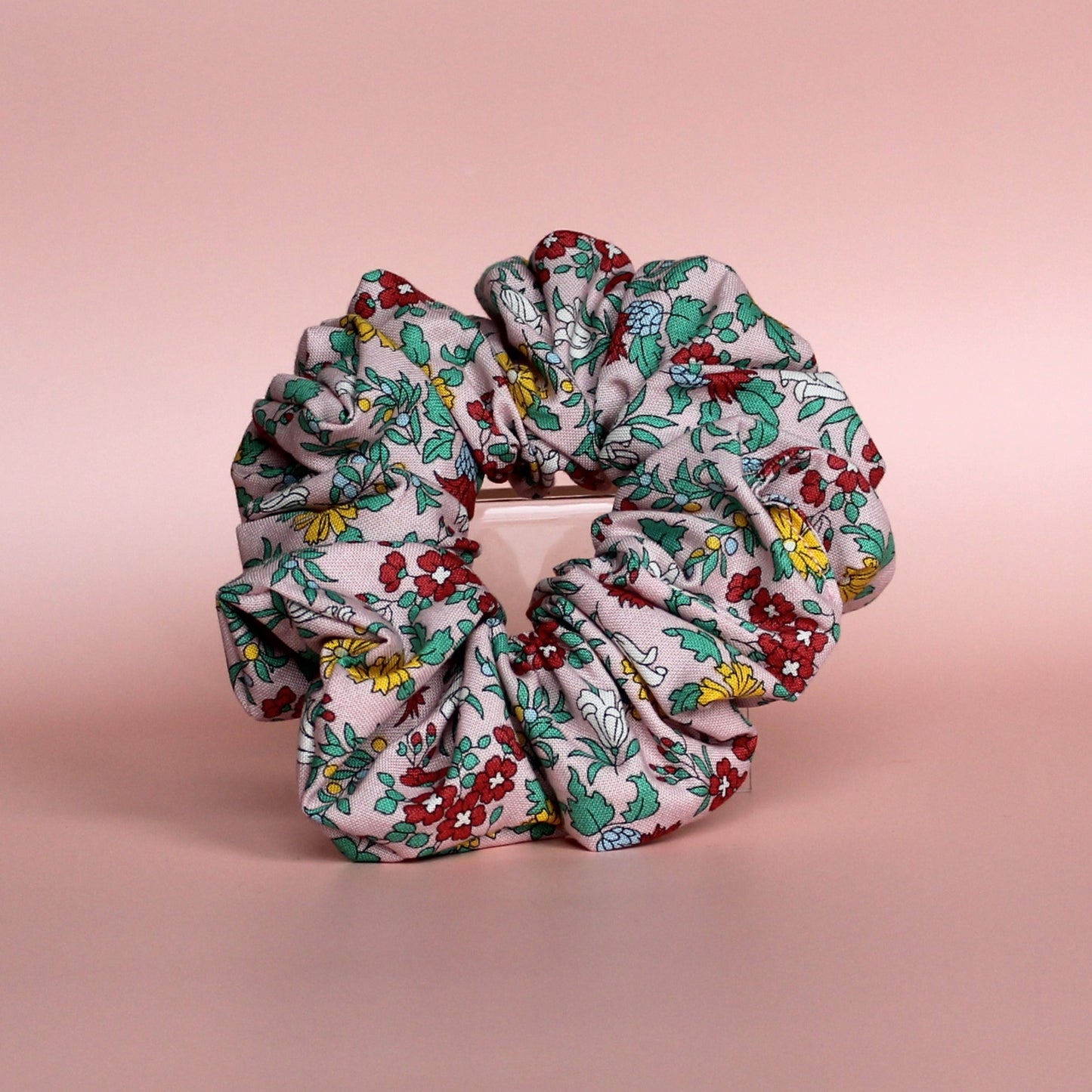 Pink floral hair scrunchie made with Liberty fabric