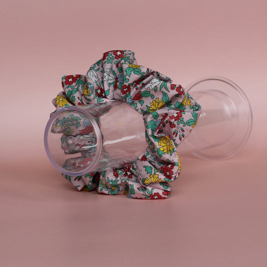 Pink floral hair scrunchie made with Liberty fabric