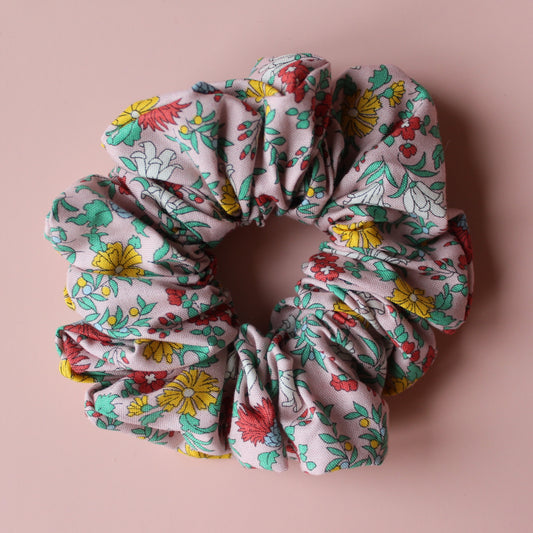 Pink floral hair scrunchie made with Liberty fabric