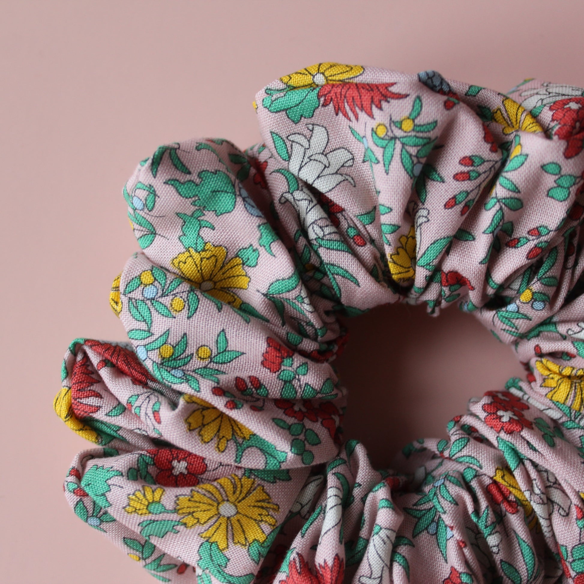 Pink floral hair scrunchie made with Liberty fabric