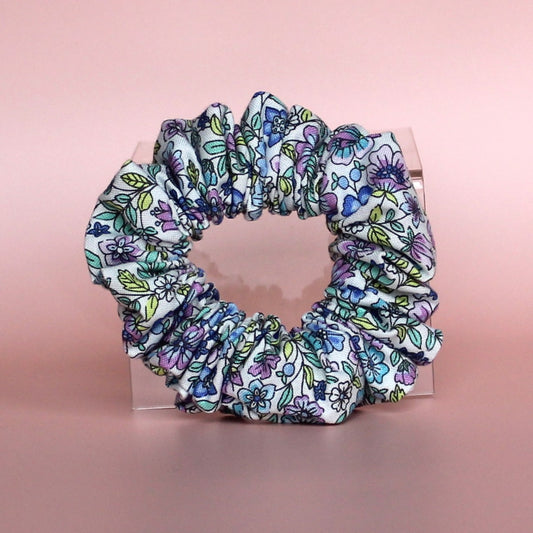 Blue and purple floral hair scrunchie
