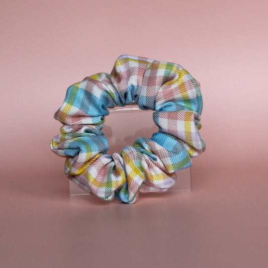 Multicoloured pastel plaid check hair scrunchie