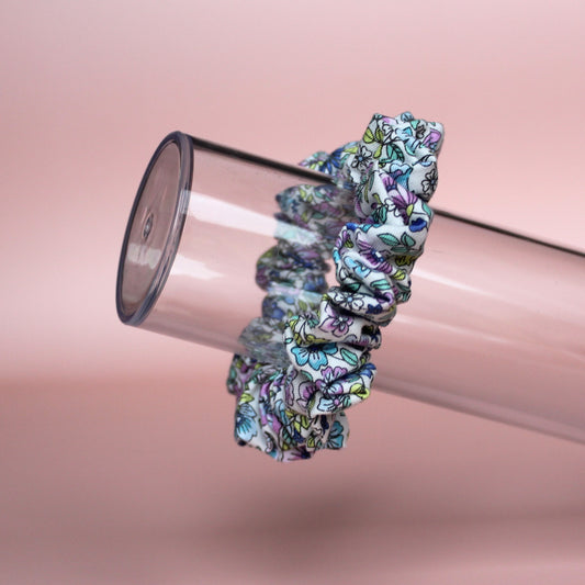 Blue and purple floral hair scrunchie
