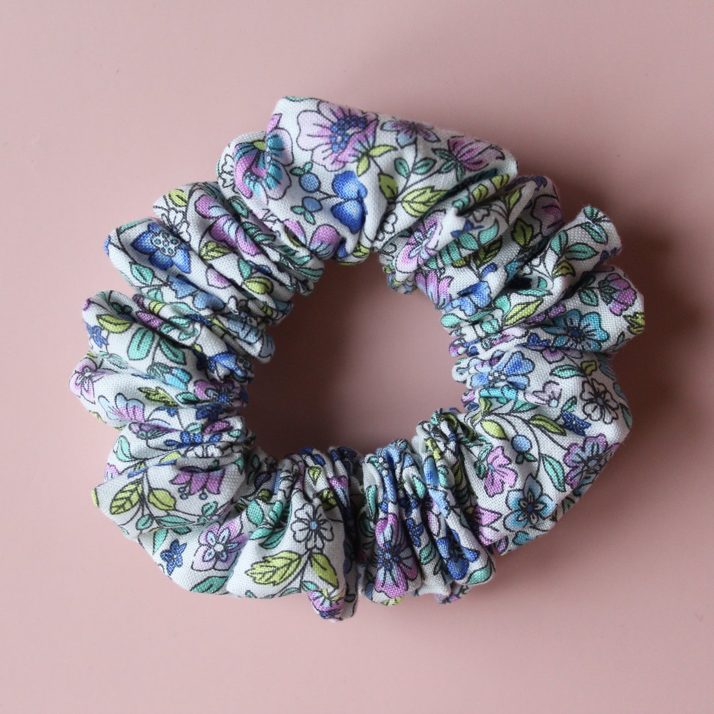 Blue and purple floral hair scrunchie

