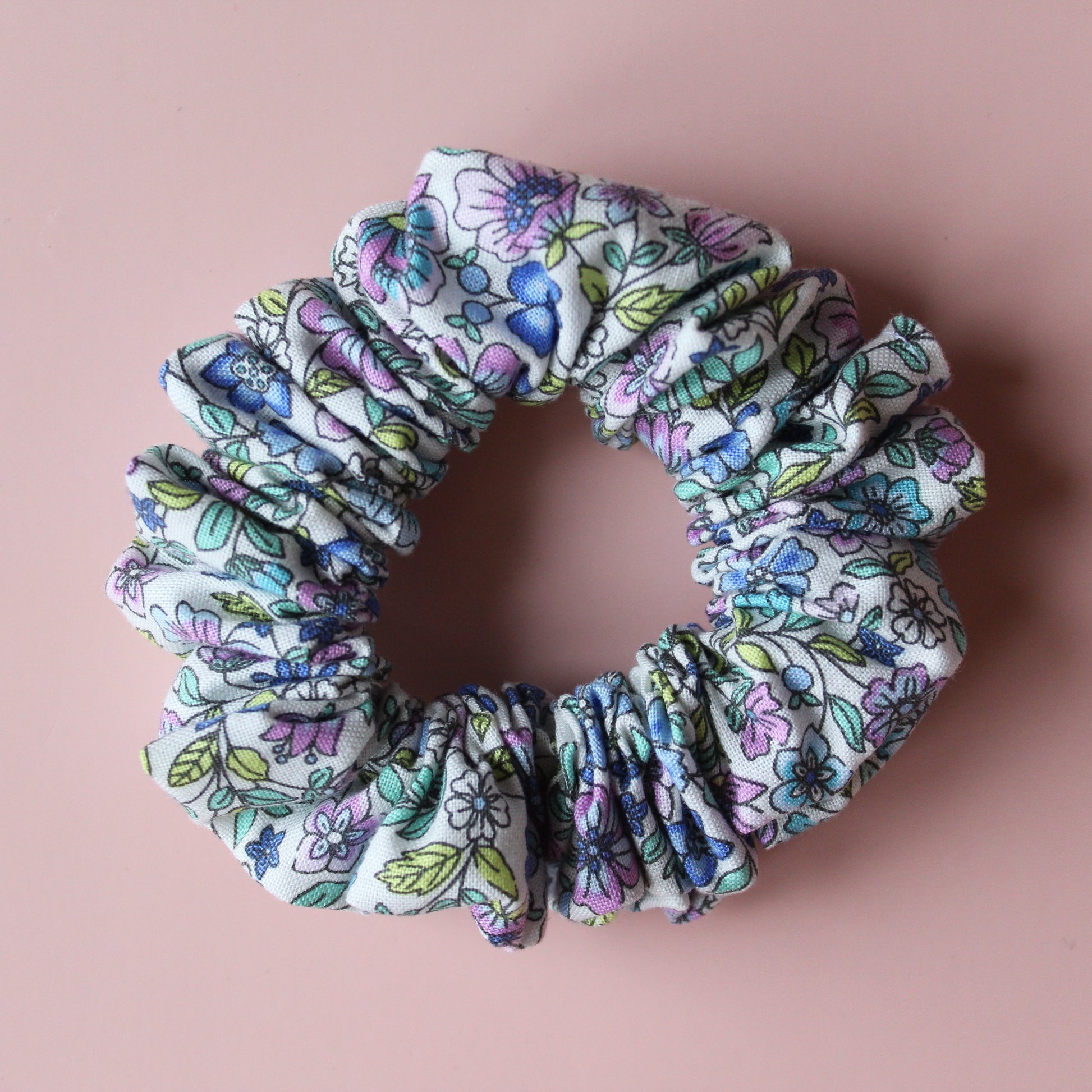 Blue and purple floral hair scrunchie
