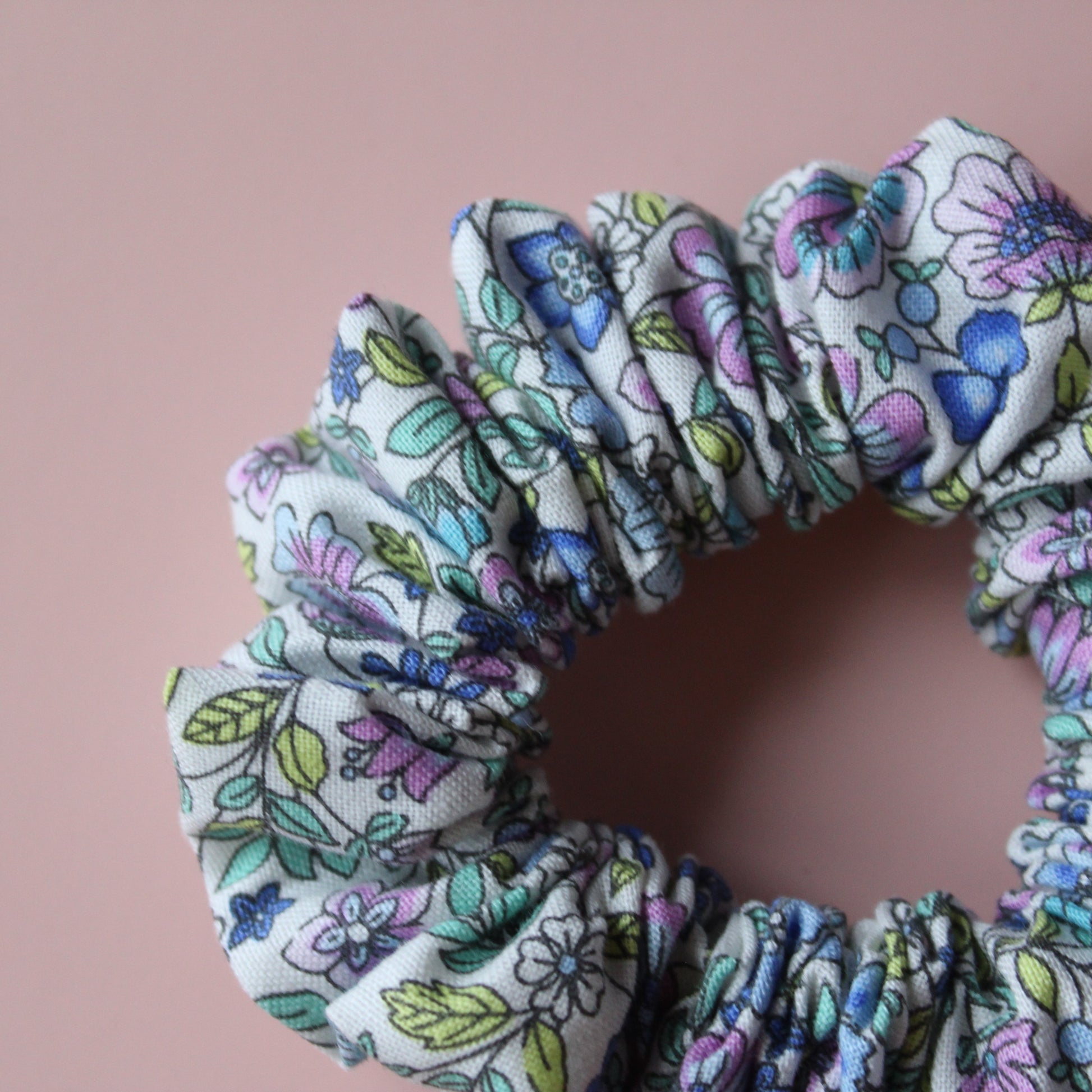 Blue and purple floral hair scrunchie
