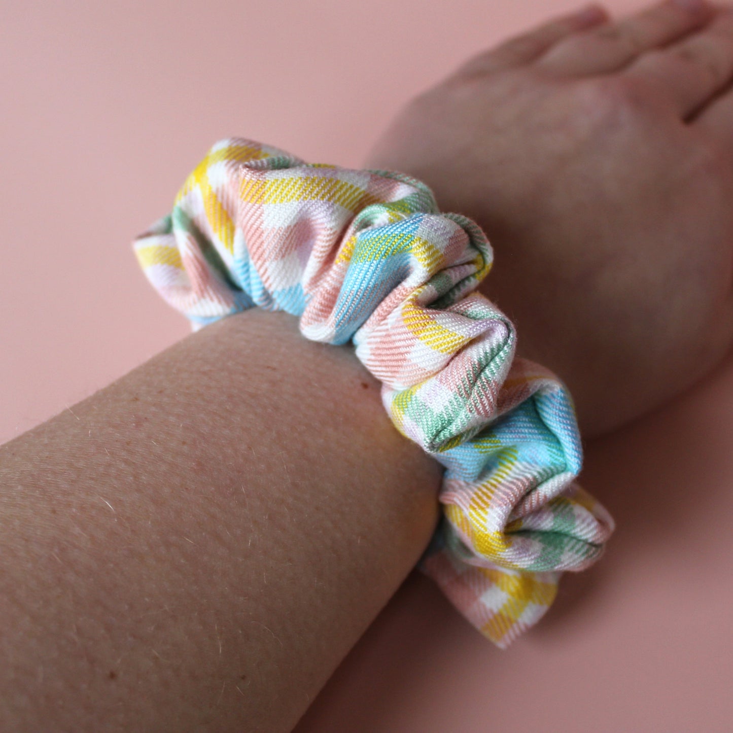 Multicoloured pastel plaid check hair scrunchie