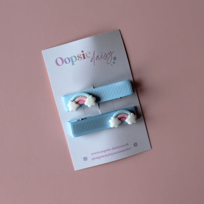 Blue hair slider clips with rainbow embellishments