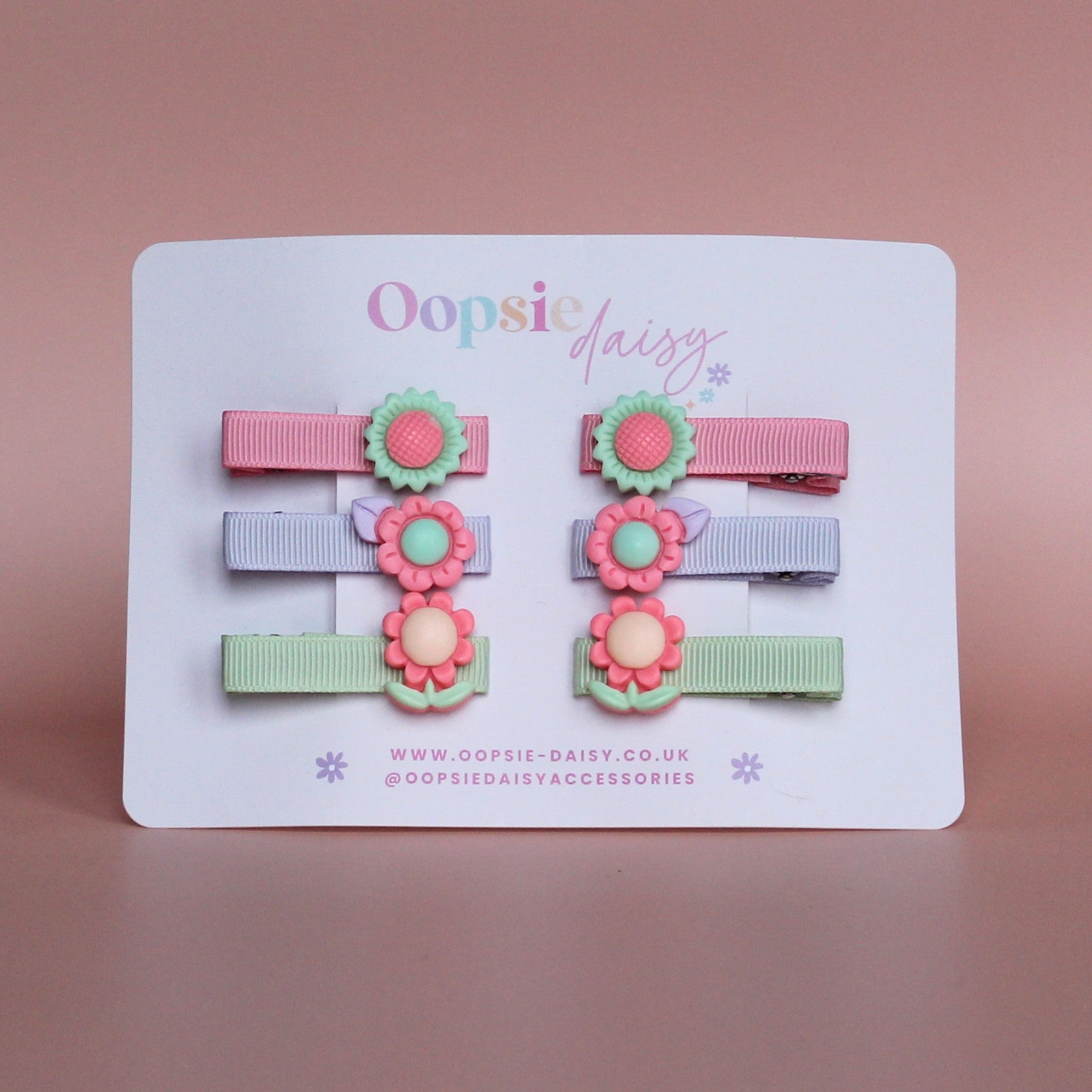 Pastel hair sliders with flower embellishments in purple, peachy-pink and green