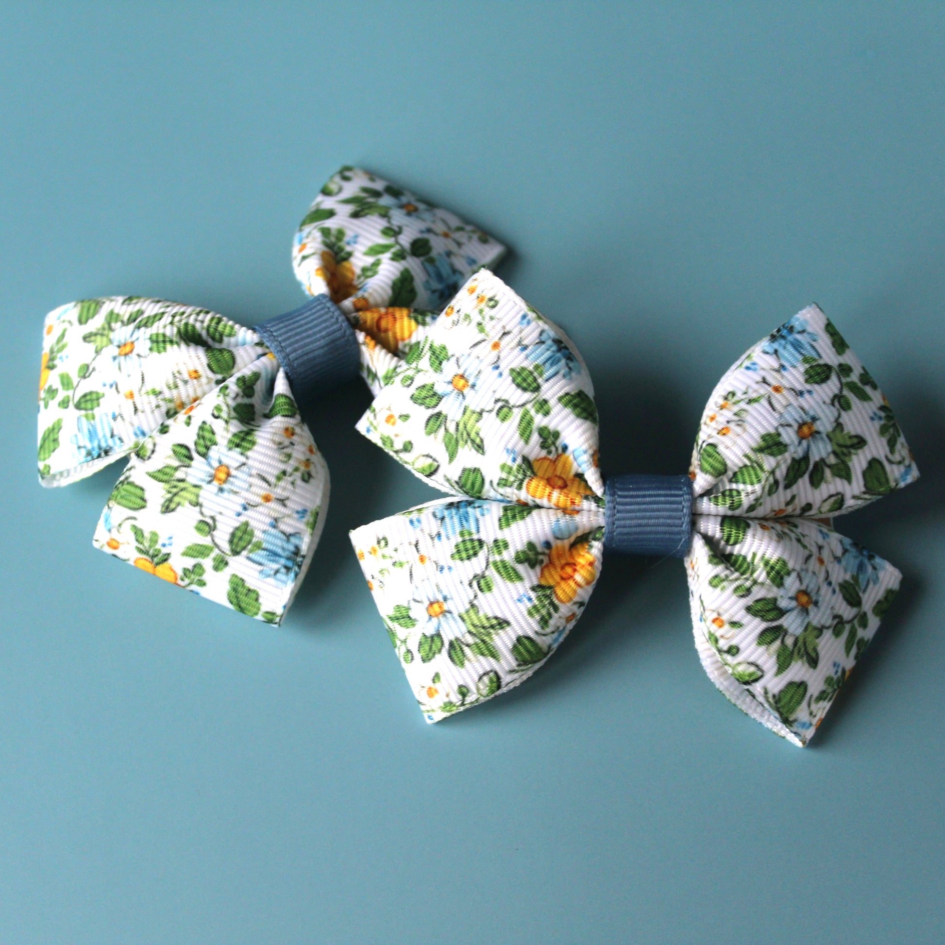 Ditsy blue floral hair bow toddler clips