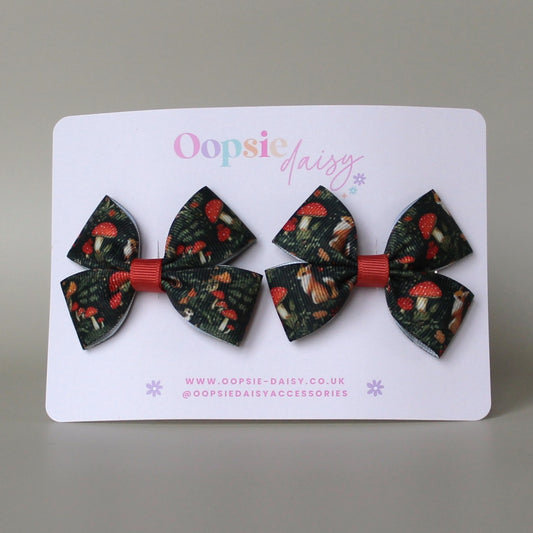 Autumnal woodland patterned hair bows with squirrels and mushrooms