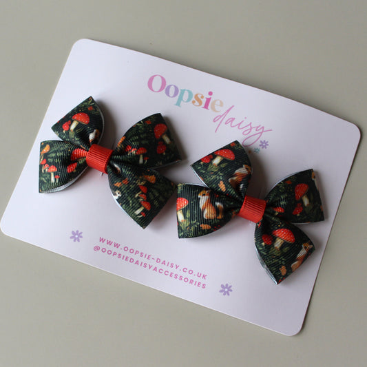 Autumnal woodland patterned hair bows with squirrels and mushrooms