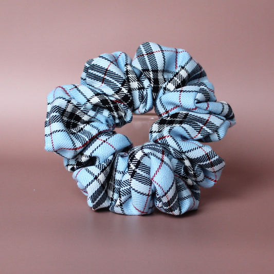Blue and black plaid tartan oversized scrunchie
