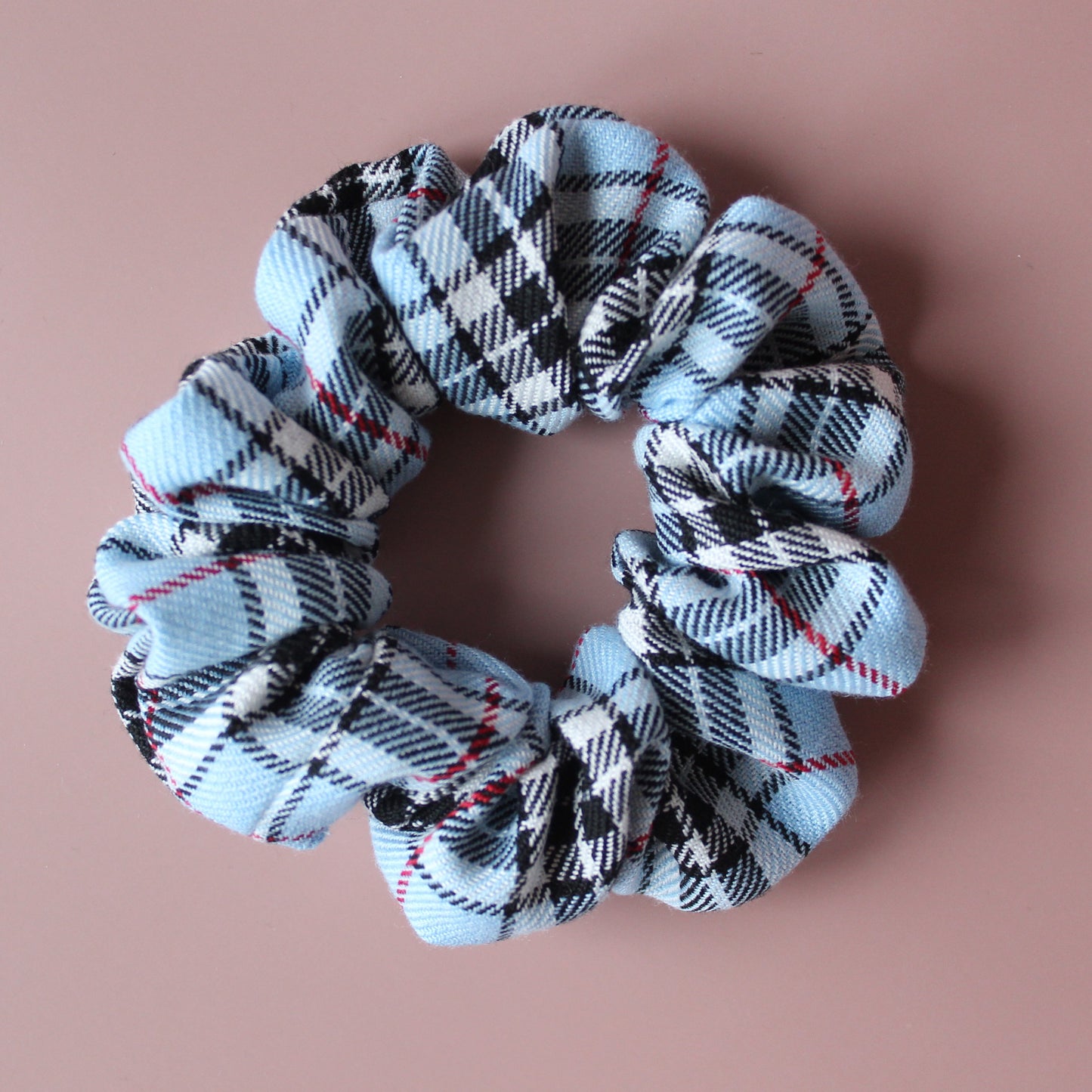 Blue and black plaid tartan scrunchie