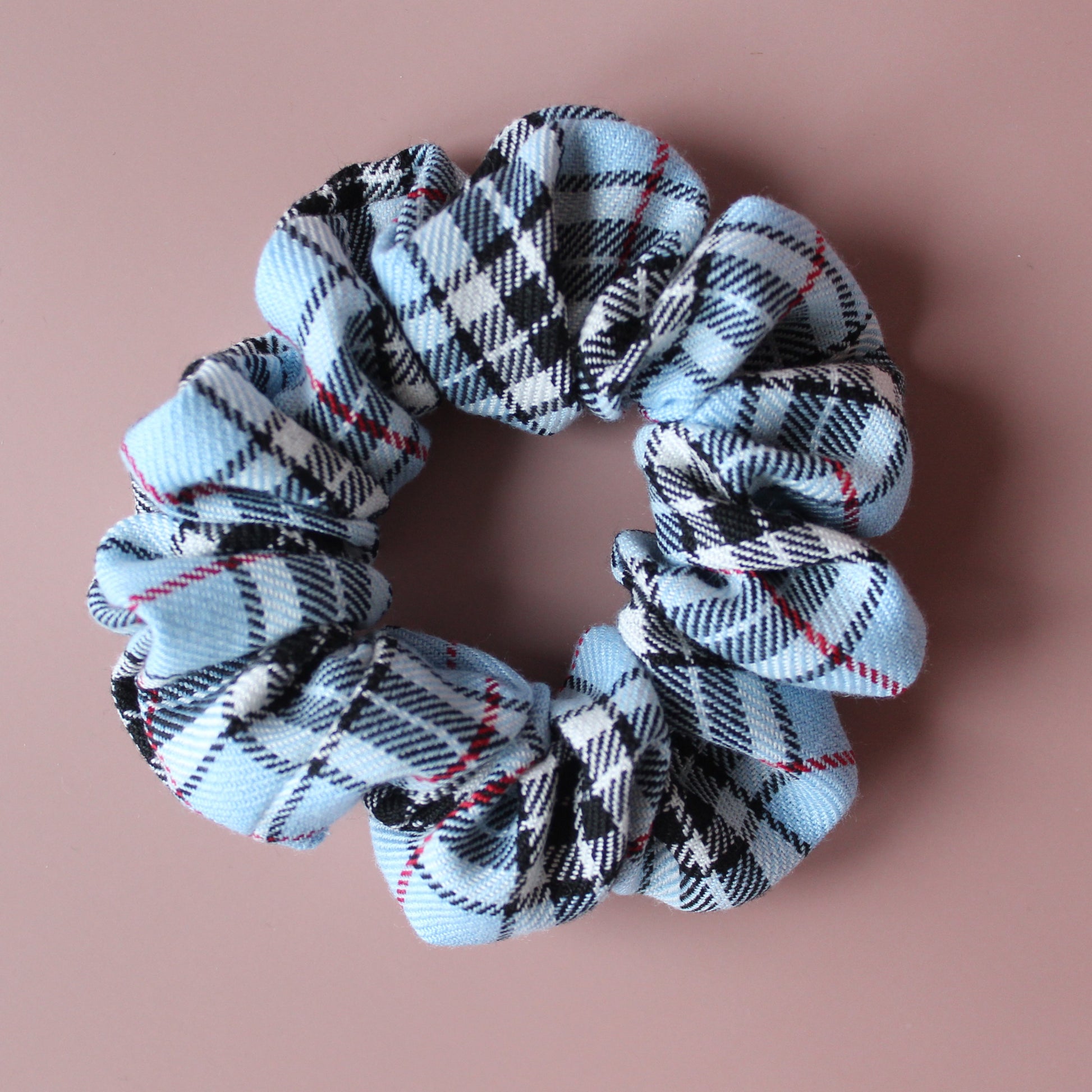 Blue and black plaid tartan scrunchie