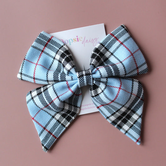 Blue tartan plaid hair bow