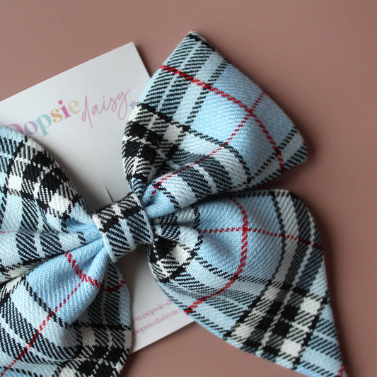 Blue tartan plaid hair bow
